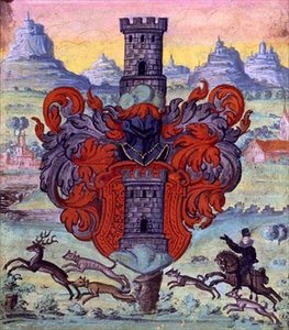 Herb na scenie myśliwskiej, ok. 1640 (gwasz na welinie) autorstwa German School