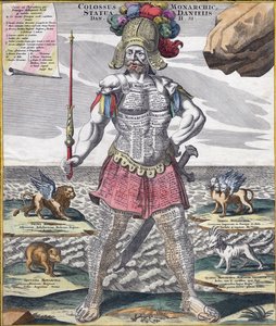 Kolosalny król okrakiem na jego imperium, c.1750 (grawerowanie) autorstwa German School