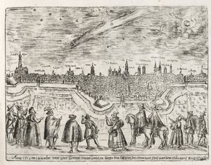 Kometa widziana nad Augsburgiem pod koniec listopada 1618, z Cometen Historia, wyd. 1618 autorstwa German School