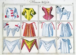 Gorsety i bielizna z serii o odzieży damskiej (pióro i tusz oraz wc na papierze) autorstwa German School