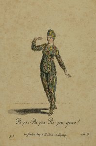 Projekt kostiumu do roli Papageno w operze Czarodziejski flet Wolfganga Amadeusza Mozarta, wydanej w Lipsku przez I. B. Kleina, 1793 (kolorystyka) autorstwa German School