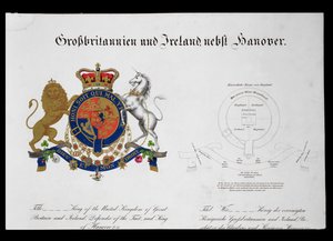 Herb króla Zjednoczonego Królestwa Wielkiej Brytanii i Irlandii, Obrońcy Wiary i Króla Hanoweru (ok.1801-37) (patrz także 111319) autorstwa German School
