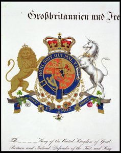 Herb króla Zjednoczonego Królestwa Wielkiej Brytanii i Irlandii, Obrońcy Wiary i Króla Hanoweru (ok.1801-37) (patrz także 111318) autorstwa German School
