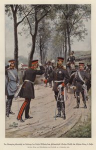 Książę koronny Fryderyk Niemiec wręcza feldmarszałkowi Helmuthowi von Moltke Krzyż Żelazny w imieniu swojego ojca, cesarza Wilhelma I (kolor lito) autorstwa German School