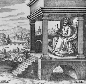 Koronowany król na tronie z Musaeum Hermeticum autorstwa German School