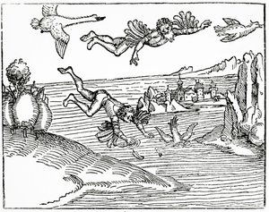 Dedal, uciekający z Krety z synem Ikarem, widzi go spadającego na śmierć, 1493 (rycina drzeworyt)