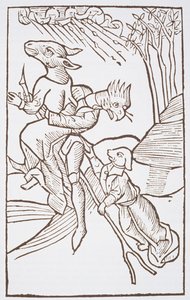 Wyjazd na szabat, kopia ilustracji Ulricha Moliora z Von den Unholden oder Hexen, Constanz 1489, wykorzystana w Historii magii, opublikowanej pod koniec XIX wieku autorstwa German School