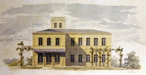 Projekt włoskiej klasycznej willi z ok. 1850 r. (akwarela z piórem i atramentem na papierze) autorstwa German School