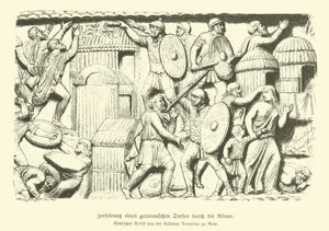 Zniszczenie wsi germańskiej przez żołnierzy rzymskich (rycina) autorstwa German School