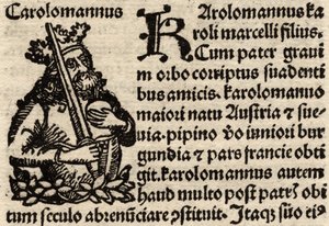 Fragment oryginalnego liścia inkunabu, przedstawiający Karola Wielkiego (742-814) sprzed 1500 roku (zob. też 237071) autorstwa German School