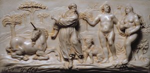 Fragment tablicy z południowoniemieckiego gabinetu Kunstcabinet, przedstawiający Adama i Ewę autorstwa German School