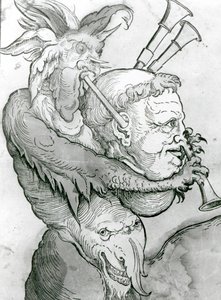 Głowa diabła grającego człowieka jako dudy, 1144 (drzeworyt) autorstwa German School