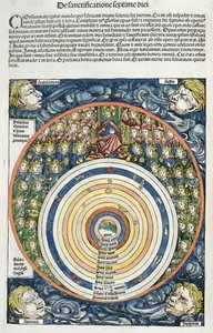 Schemat Układu Słonecznego wg Ptolemeusza (fl.127-145 ne) z Kroniki Norymberskiej Hartmanna Schedla (1440-1514) 1493 (kolorowy drzeworyt) autorstwa German School