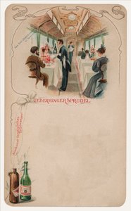Wagon restauracyjny w pociągu, reklama wody stołowej Ueberkinger Sprudel (chromolitho) autorstwa German School
