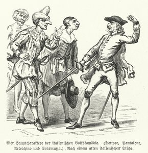 Doctor, Pantalone, Arlecchino i Scaramuccia, cztery postacie z Commedia dell
