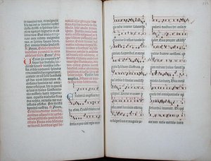 Podwójna strona z chorałową pieśnią zaczerpniętą z inkunabułu, z Missale Romanum, ok.1482 (welum) autorstwa German School