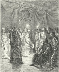 Edmund Rich, arcybiskup Canterbury, grożąc królowi Henrykowi III ekskomuniką autorstwa German School