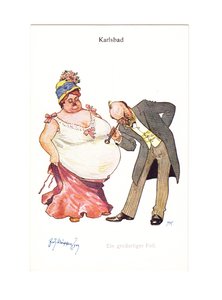Edwardiańska pocztówka przedstawiająca lekarza ze słuchawką do bardzo grubego brzucha kobiety, ok. 1910 (kolor lito) autorstwa German School