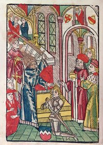 Cesarz Zygmunt (1367-1437) Luksemburczyk dubbingujący rycerza (kolorowy drzeworyt) autorstwa German School
