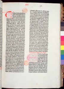 Koniec Pięcioksięgu i początek Księgi Jozuego, z Biblii Gutenberga, wydrukowanej przez Johannesa Gutenberga (ok. 1400-68) i Petera Schoeffera (1425-1502) w Moguncji, 1454-56 (papier drukowany)