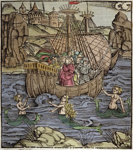 Eneida Wergiliusza (70 pne-19 pne), trojański bohater Enee i jego towarzysze przeprawiają się przez morze pełne syren. Ksylografia Sebastiana Branta (1458-1521). Strasburg autorstwa German School