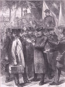 Angielscy mieszkańcy opuszczający Paryż, Cassells History of the War between France and Germany opublikowany przez Cassell and Company Limited, c.1890 (lito) autorstwa German School
