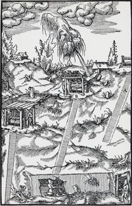 Grawer z De re metallica (O naturze metali), Georga Pawera lub Georgiusa Agricoli (1494-1555), opublikowanego w Bazylei autorstwa German School