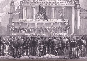 Zapisywanie ochotników do obrony Paryża, Cassells History of the War between France and Germany wydane przez Cassell and Company Limited, c.1890 (lito) autorstwa German School