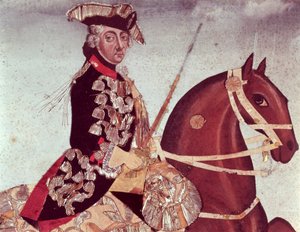 Portret konny króla pruskiego Fryderyka Wielkiego (1712-86) (wc i złota nić na papierze) autorstwa German School