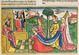 Estera 2 15-18, Estera została wybrana na Królową przez króla perskiego Aswerusa, z Biblii Norymberskiej (Biblia Sacra Germanaica) (kolorowy drzeworyt) autorstwa German School