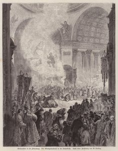 Nabożeństwo wieczorne w Soborze Kazańskim, Sankt Petersburg, Rosja, w Boże Narodzenie (grafika) autorstwa German School