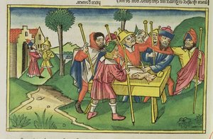 Wyjścia 12 Pierwsza Pascha, z Biblii Norymberskiej (Biblia Sacra Germanaica) (kolorowy drzeworyt) autorstwa German School