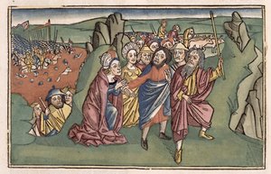 Wyjścia 14 Mojżesz i Izraelici przechodzący przez Morze Czerwone, z Biblii Norymberskiej (Biblia Sacra Germanaica) (kolorowy drzeworyt) autorstwa German School
