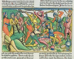 Exodus 17 8-15 Aaron i Hur wspierają ręce Mojżesza, aby zapewnić Izraelitom zwycięstwo nad Amalekitami, z Biblii Norymberskiej (Biblia Sacra Germanaica) (kolorowy drzeworyt)