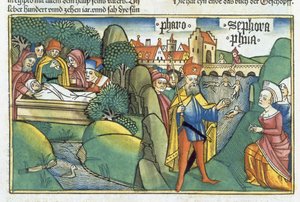 Wj 18 1 15-22 Pogrzeb Józefa i historia położnych hebrajskich z „Biblii Norymberskiej (Biblia Sacra Germanaica)” (drzeworyt kolorowy) autorstwa German School