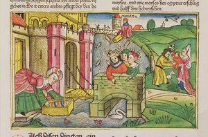 Exodus 2 1-6 Mojżesz spławiany po Nilu i odkryty przez jedną z żon faraonów, z Biblii norymberskiej (Biblia Sacra Germanaica) (kolorowy drzeworyt) autorstwa German School