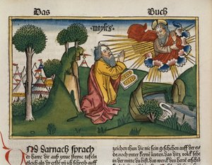 Wyjścia 34 1-10 Mojżesz otrzymuje drugie tabliczki z Dziesięciu Przykazaniami z Biblii Norymberskiej (Biblia Sacra Germanaica) (kolorowy drzeworyt) autorstwa German School