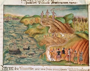 Ekspedycja ląduje w Wenezueli, z „Wspomnienia, biografie, wiersze itp. rodziny Coeler”, ok. 1560-1632 (akwarela na papierze) autorstwa German School