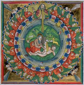 Faksymile Księgi Rodzaju 2:22 Bóg stworzył Ewę, z Biblii Norymberskiej (Biblia Sacra Germanaica) autorstwa German School