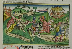Faksymile Hioba: Frontyspis, Hiob zbesztany przez żonę, jego dom i rodzina zniszczone przez huragan i skradziony inwentarz, z Biblii Norymberskiej (Biblia Sacra Germanaica) (kolorowe autorstwa German School