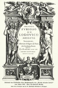 Faksymile strony tytułowej wydania epopei włoskiego poety Ludovica Ariosta Orlando Furioso z 1583 r. (zdjęcia) autorstwa German School