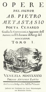 Faksymile strony tytułowej weneckiego wydania dzieł zebranych włoskiego poety i librecisty Pietro Metastasio (lit.) autorstwa German School