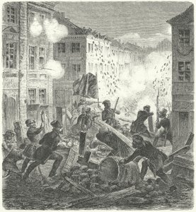 Walka na barykadzie przed ratuszem w Colln, Berlin, rewolucja 1848 r. (rycina) autorstwa German School