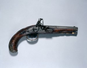 Pistolet skałkowy, lufowiec Johann Andreas Kuchenreuter (1716-1795), ok. 1750 (stal, kolba z orzecha, mosiężne mocowania, lufa inkrustowana złotem, mosiądzem i srebrem) autorstwa German School