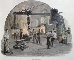 Kuźnie w Cesarskich Zakładach Inżynieryjnych w Kilonii (kolorowe grawerowanie) autorstwa German School