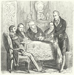 Fryderyk Wilhelm III Pruski w rozmowach ze swoim premierem Karlem Augustem von Hardenbergiem i Klemensem von Metternichem, austriackim ministrem spraw zagranicznych (rycina) autorstwa German School
