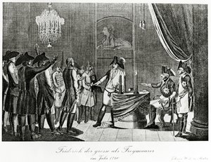Fryderyk Wielki przyjmuje swojego szwagra Fryderyka, margrabiego Brandenburgii-Bayreuth jako masona w Berlinie w 1740 r. autorstwa German School