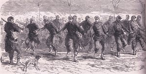 Francuscy żołnierze tańczący w obozie, Cassells History of the War between France and Germany wydana przez Cassell and Company Limited, c.1890 (lito) autorstwa German School