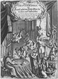 Frontyspis, ilustracja z Cryptographia, czyli tajnych pism Johanna Balthasara Fridericiego, sztychowana przez Johana Friedleina (XVII w.) wydana w Hamburgu, 1685 autorstwa German School