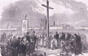 Ceremonia pogrzebowa nad francuskimi żołnierzami poległymi podczas oblężenia Paryża, Cassells History of the War between France and Germany wydana przez Cassell and Company Limited, c.1890 (lito) autorstwa German School